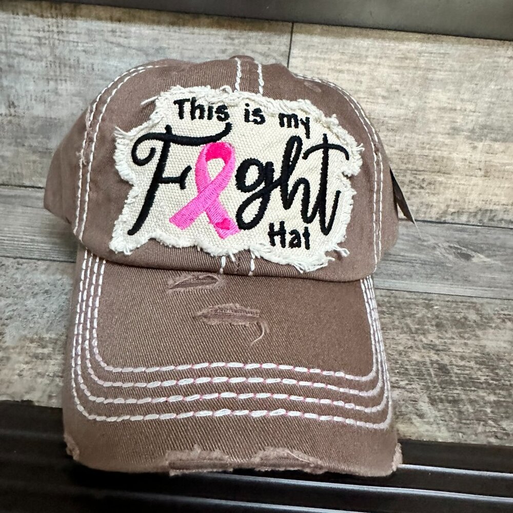 KBETHOS WOMEN DISTRESS BROWN THIS IS MY FIGHT HAT PINK RIBBON BREAST CANCER CAP